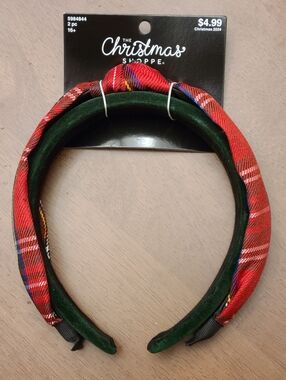 2 Piece Set - Red Plaid Headband & Emerald Green Velvet Headband Bundle Lot